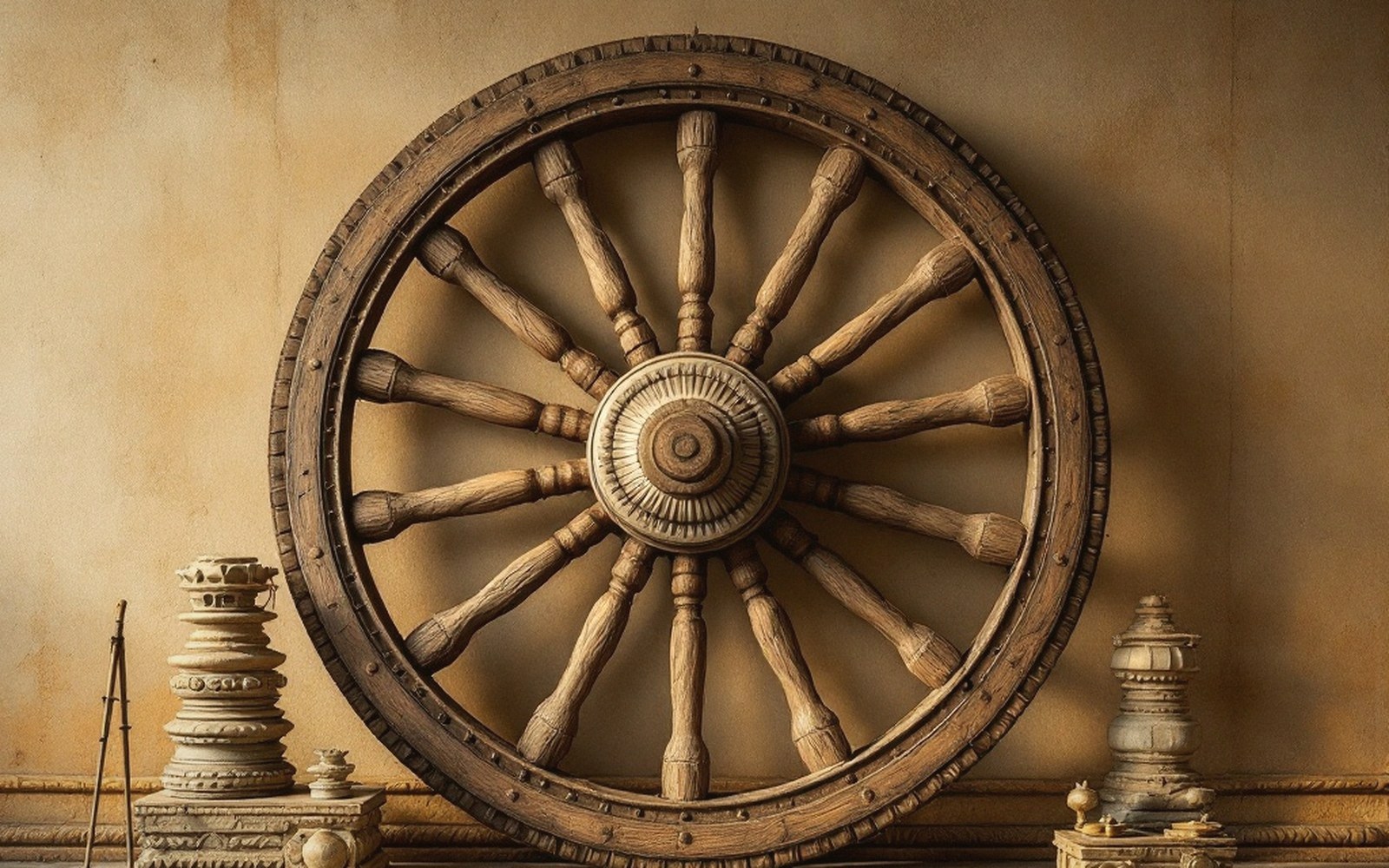 Large wooden wagon wheel with turned spokes leaning against a weathered wall