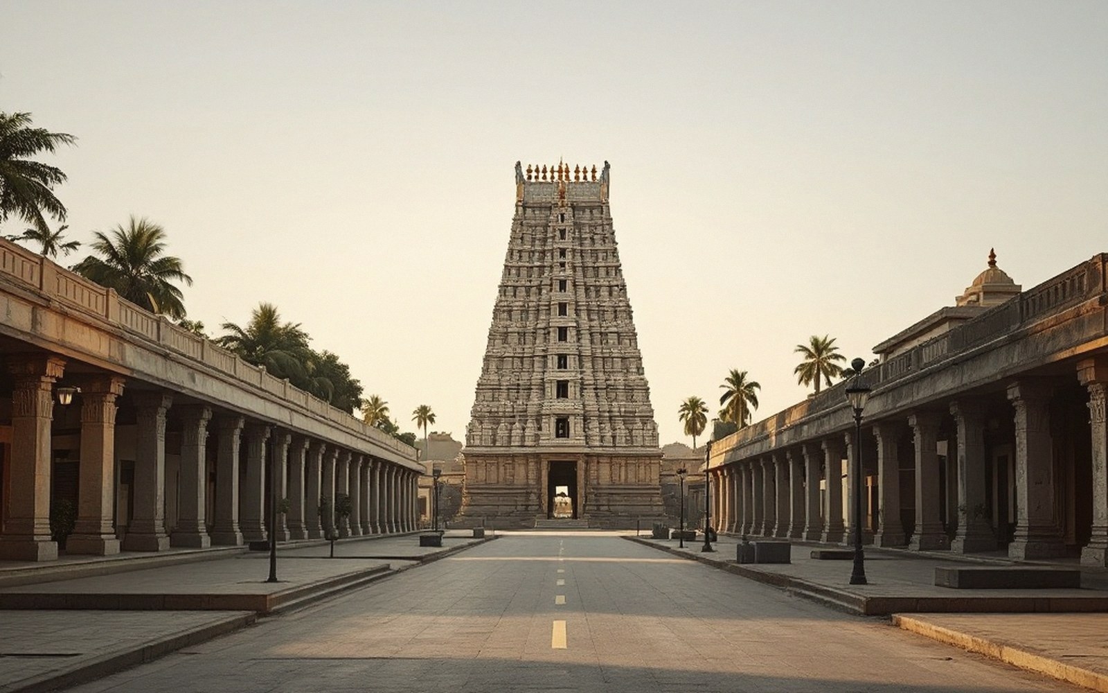 Towering stone gopuram rises above a straight road lined with pillared corridors