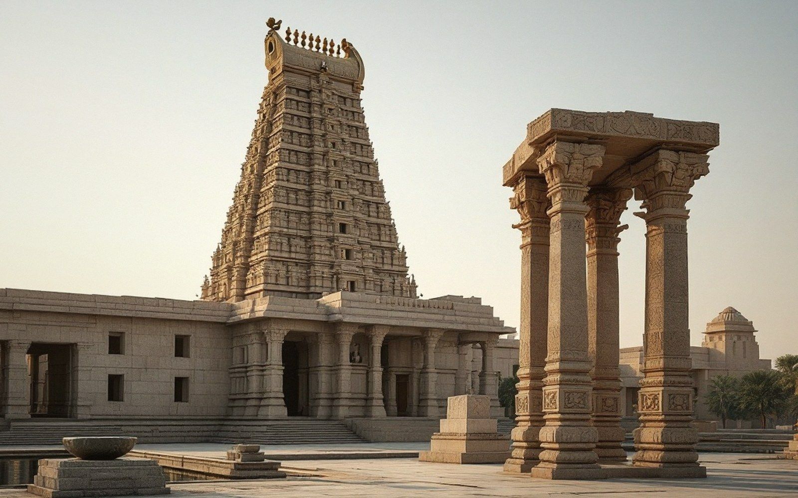 Tiered stone temple tower rising beside a carved pillared hall with a courtyard