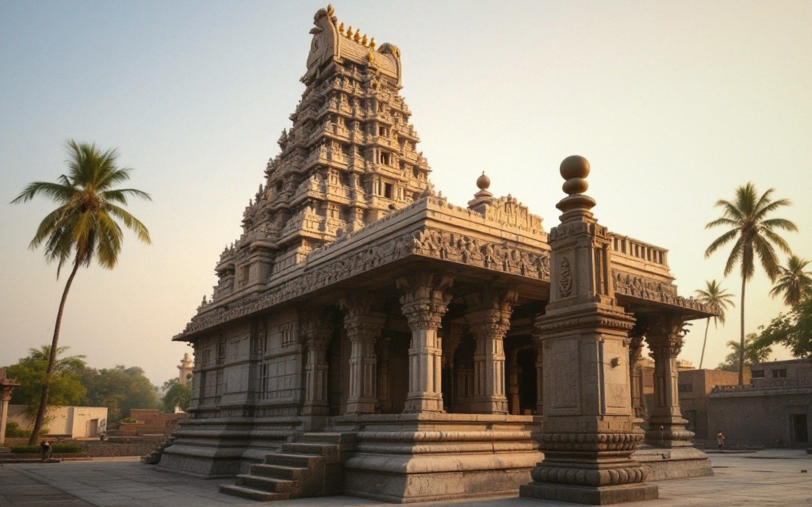 Tiered gopuram tower rises above a carved stone temple hall with palm trees