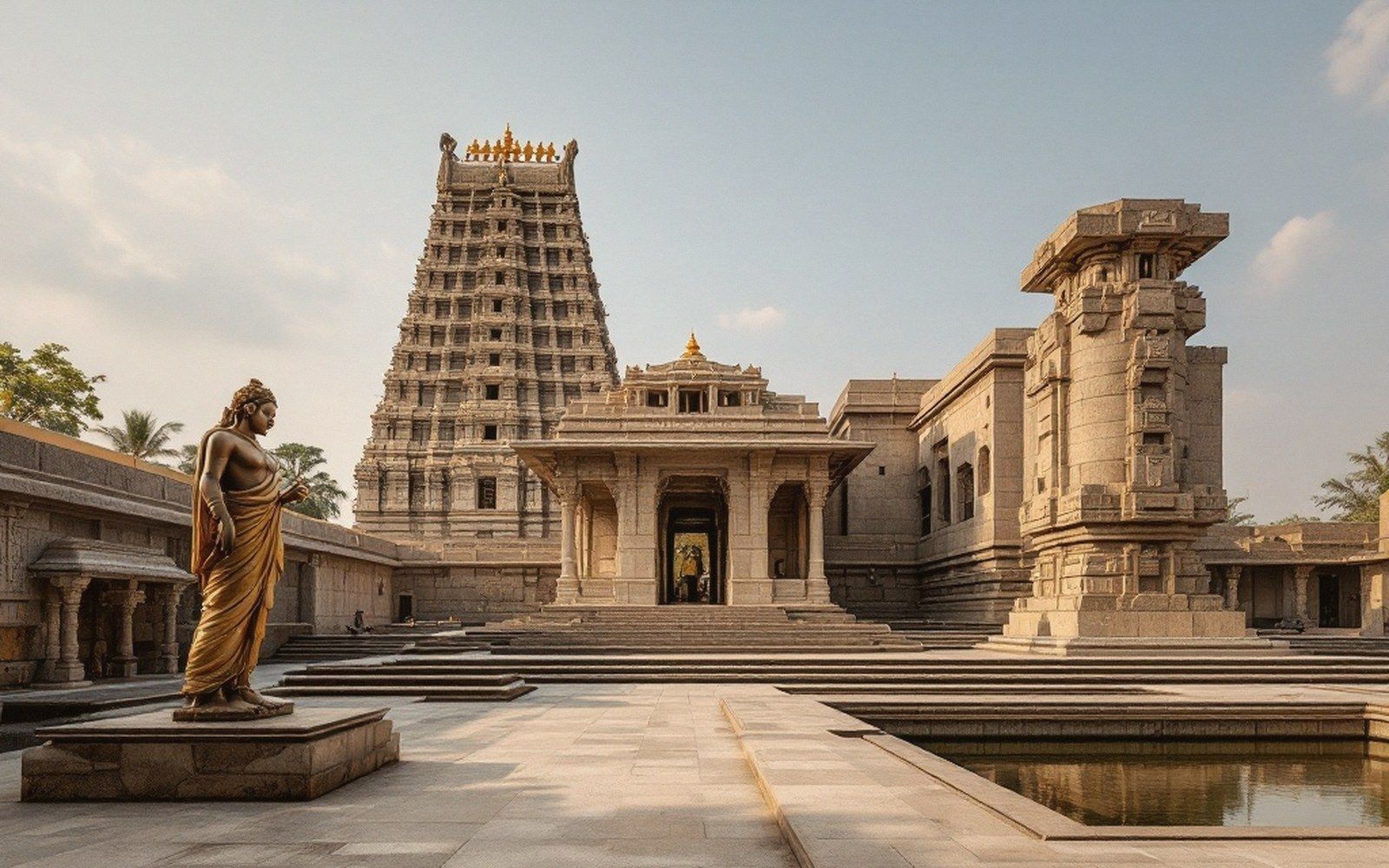 A tiered temple tower rises behind a stone courtyard with a statue and reflecting pool