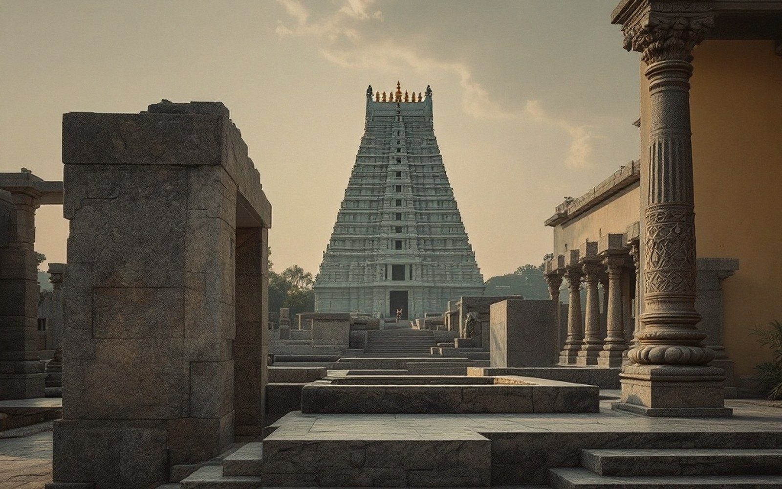 Stone temple gopuram tower rises beyond carved pillars and stepped courtyard ruins