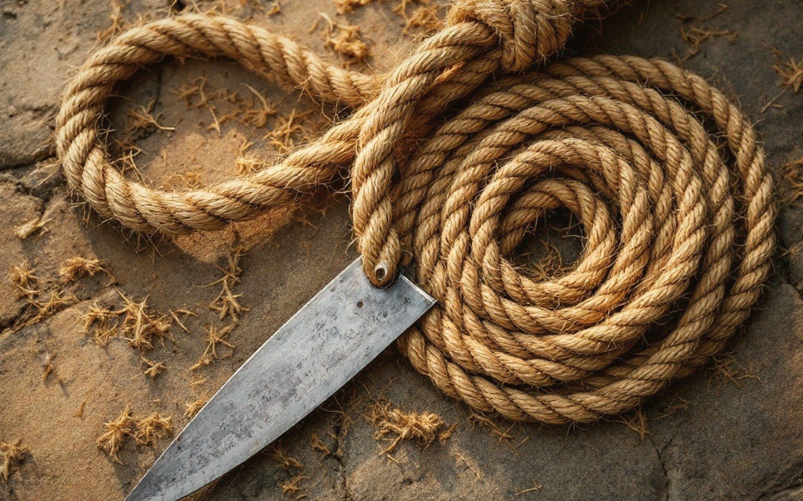 Coiled thick rope with a metal blade resting on top, scattered fibers on stone surface