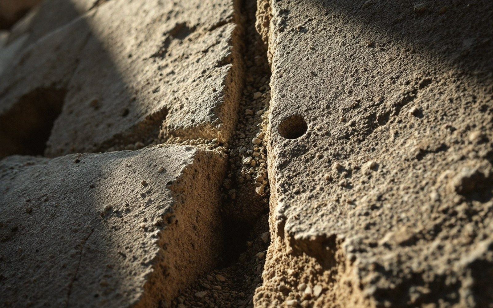 Close-up of weathered granite blocks showing a drilled hole and rough-cut joint between stones