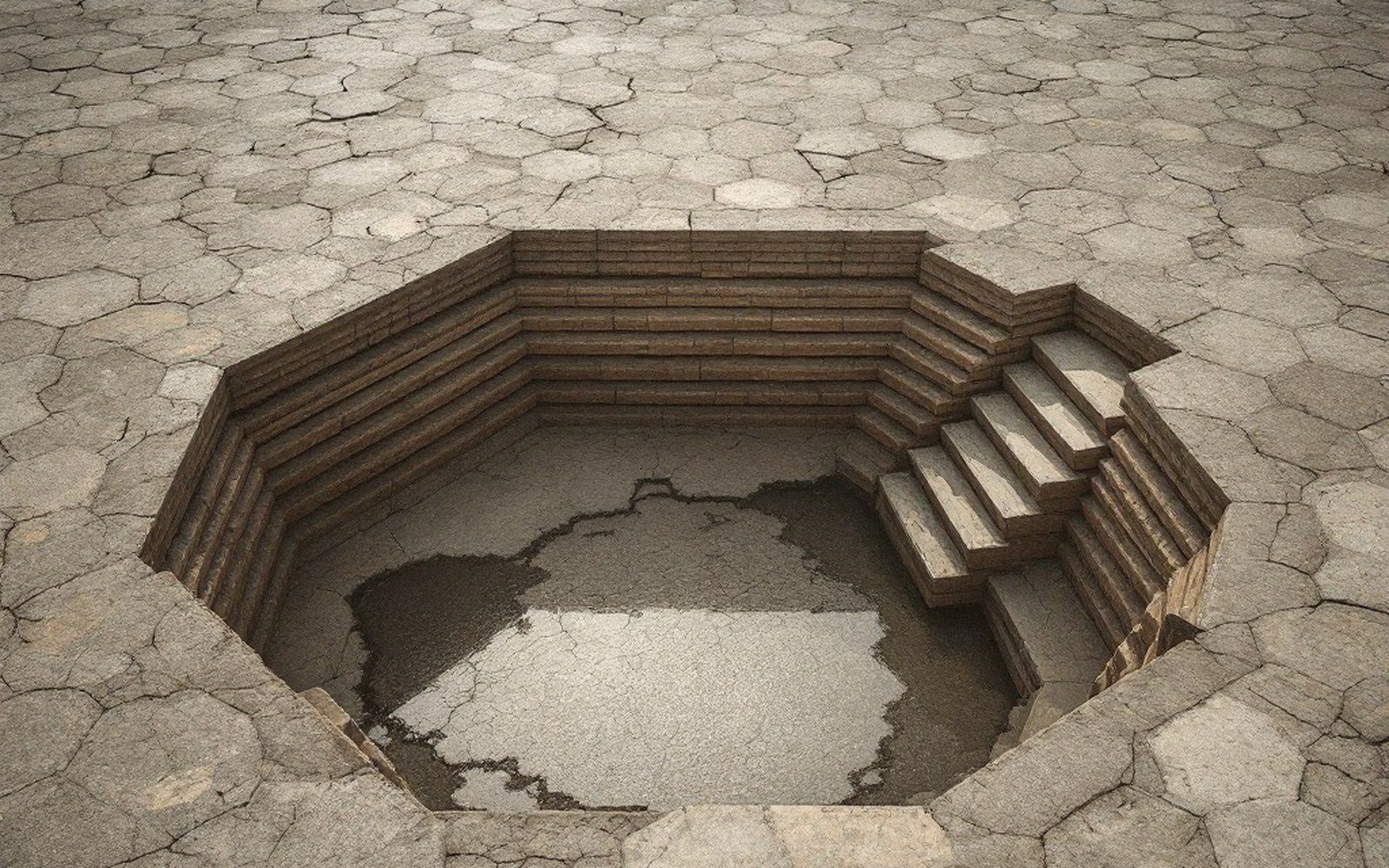 An empty octagonal pool with steps sits dry amid cracked, drought-stricken ground