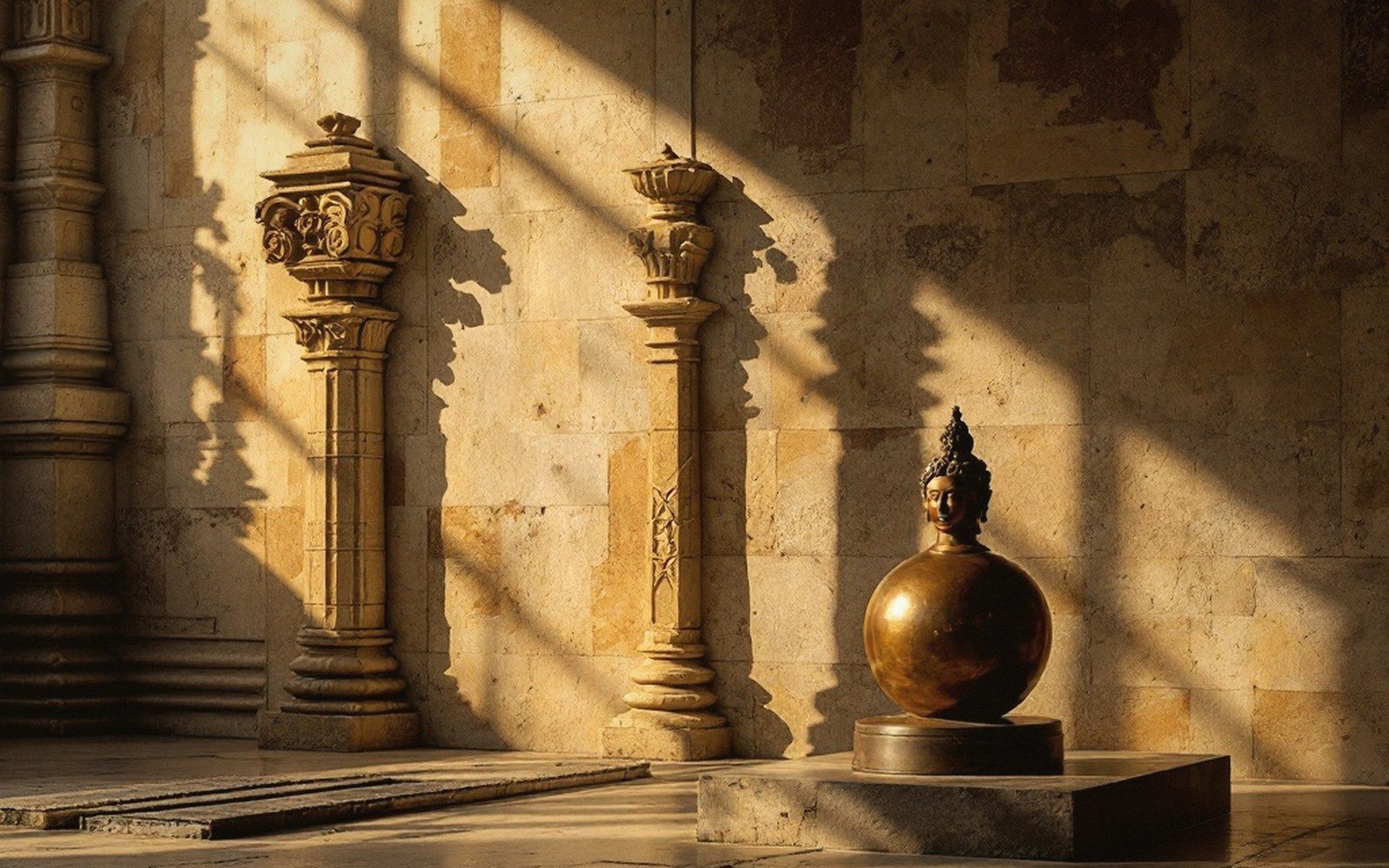 Bronze sculpture of a head atop a sphere beside carved stone columns in golden light