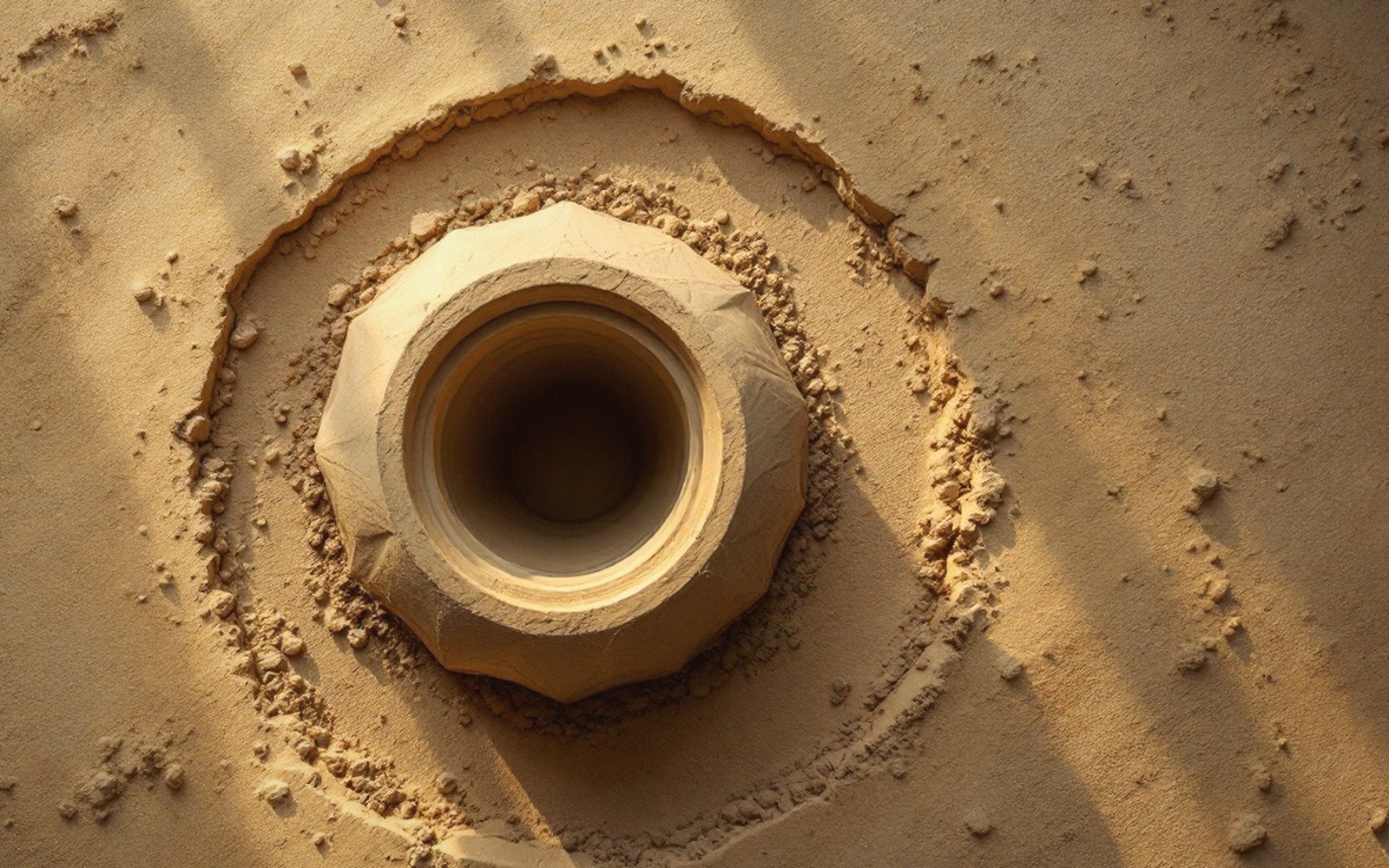 A cylindrical mold cavity drilled into sand, surrounded by circular tool marks and loose grit