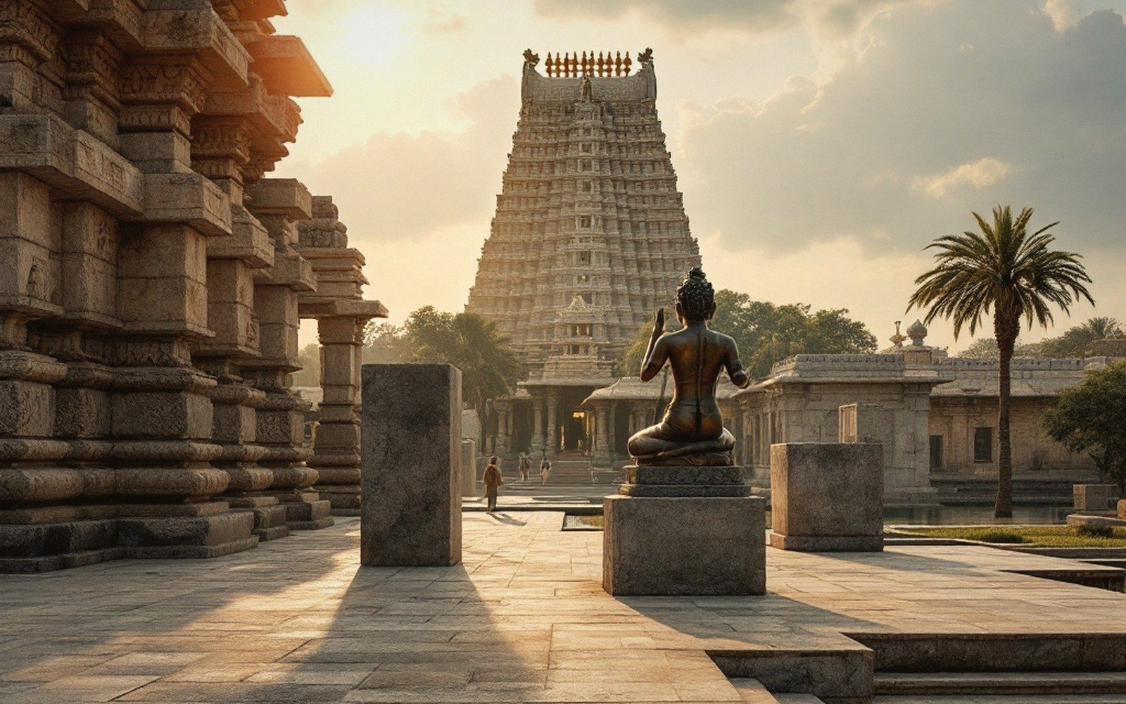 A bronze meditating statue faces a towering carved temple gopuram at dusk