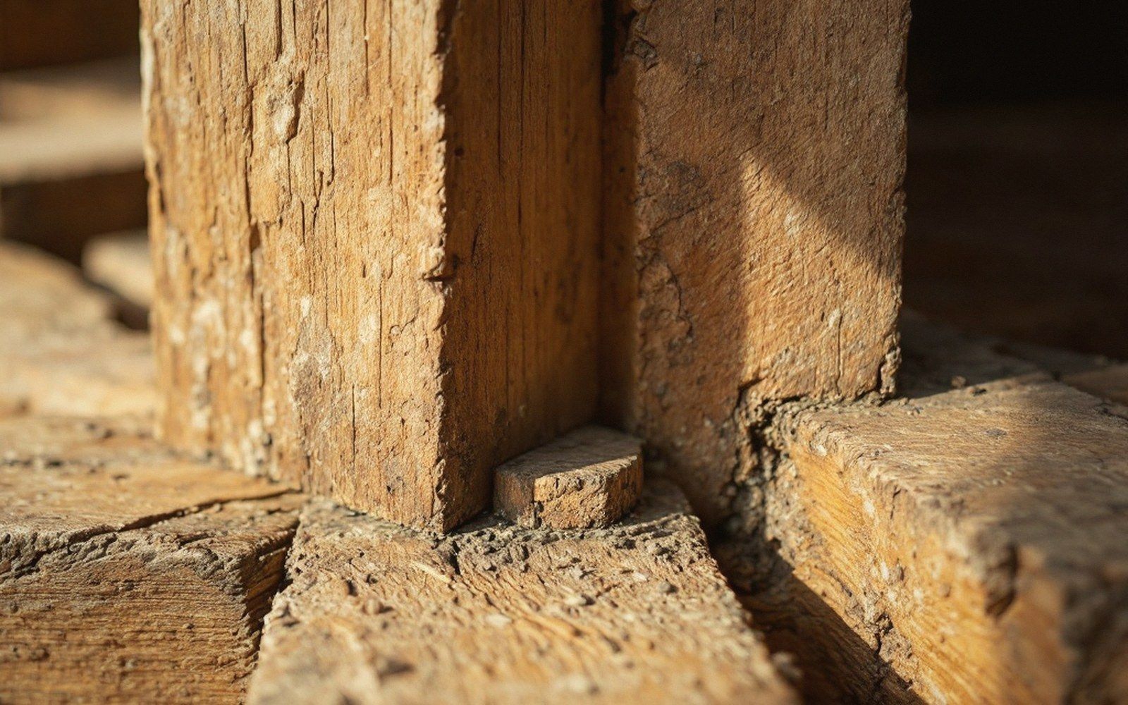 Close-up of stacked hardwood beams joined with mortice-and-tenon corner notches