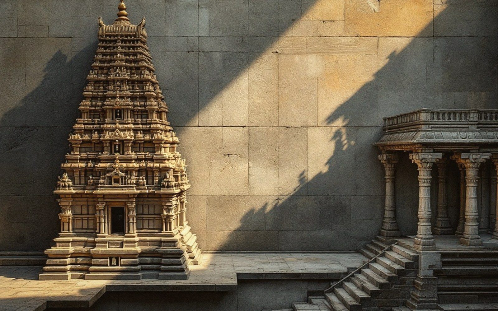 Tiered stone temple tower casting a long shadow beside a pillared pavilion